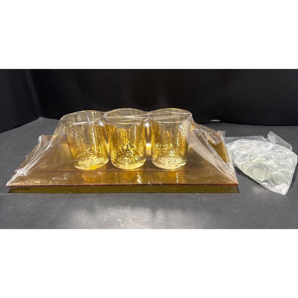 3 Piece Gold Color Glass Tealight Candle Holder Set On Rectangular Tray Stones